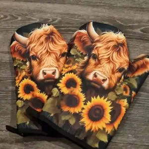 Highland Cow Sunflower pair of oven gloves