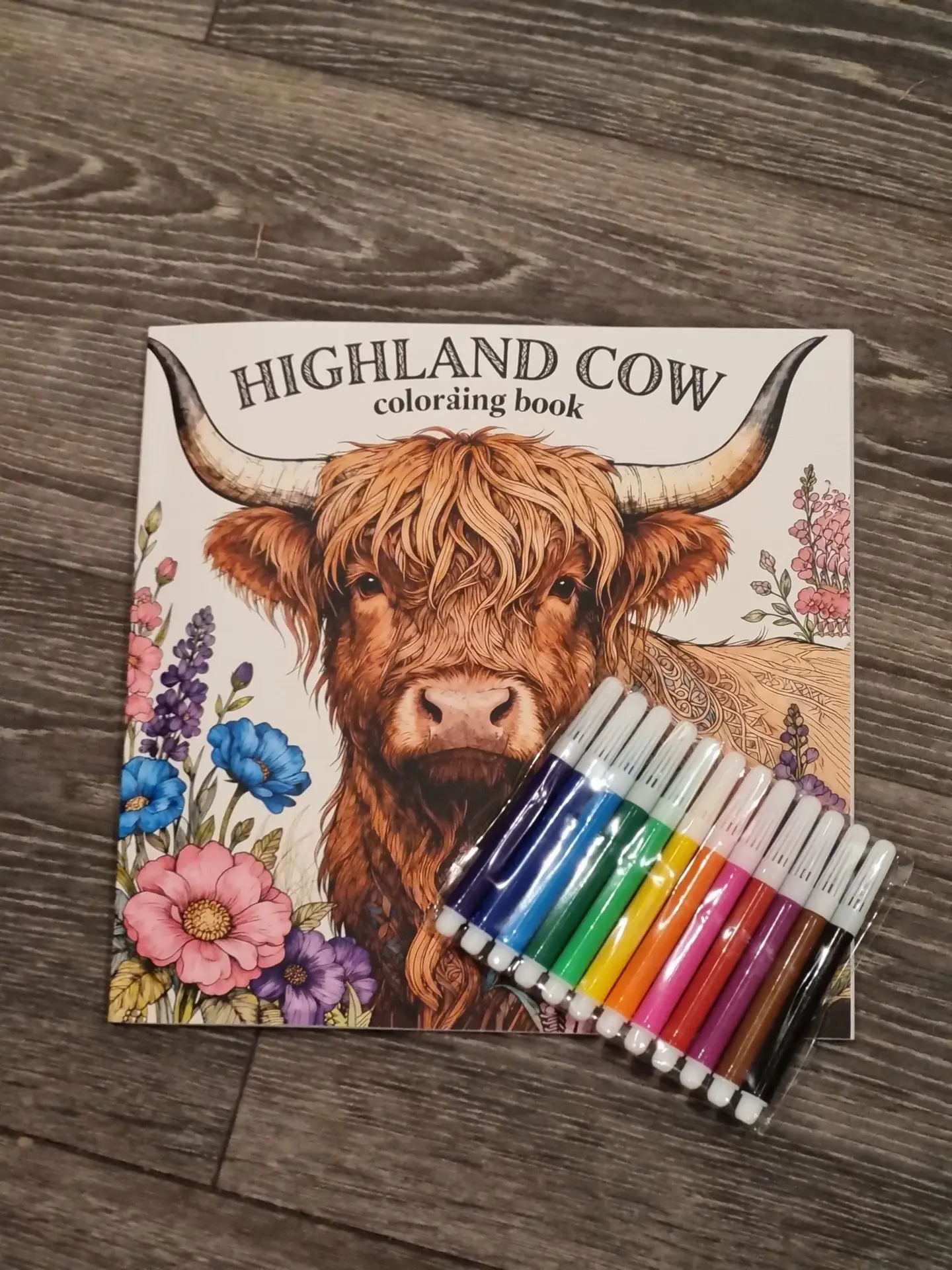 Highland Cow colouring book, bundled with set of 12 felt tip pens